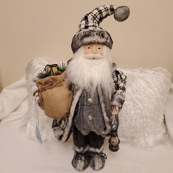 NWT White Pine Free Standing Santa Black White Plaid Herringbone Holiday Decor - Picture 1 of 17